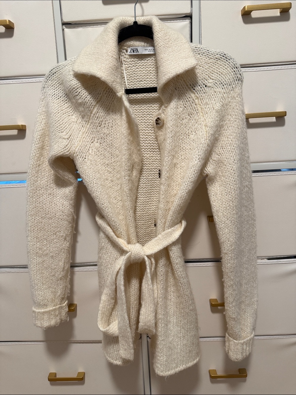 Zara Cream Knit Belted Cardigan Sweater